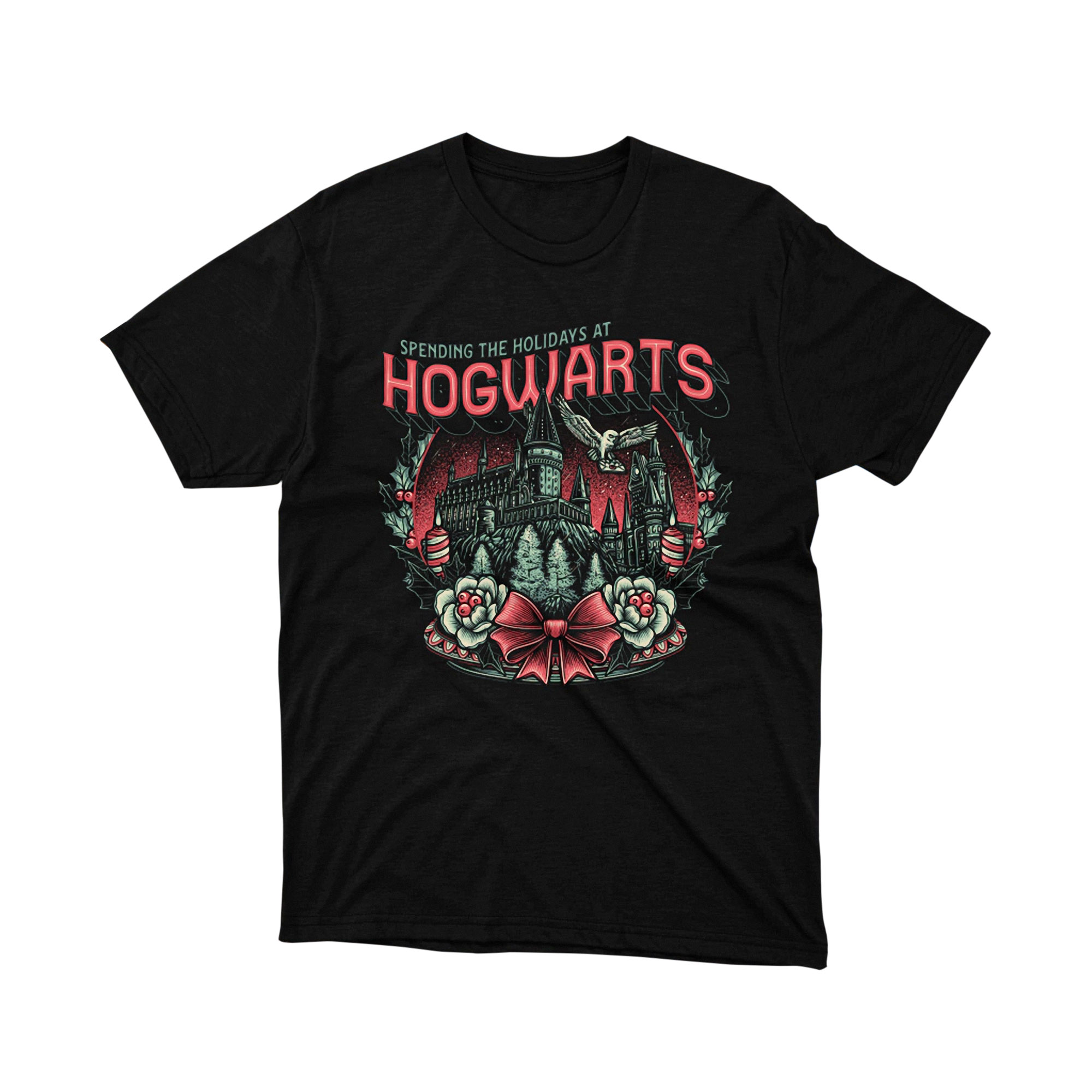 Holidays at Hogwarts Castle Owl Wreath Red Bow Magic Theme Graphic Tee Unisex