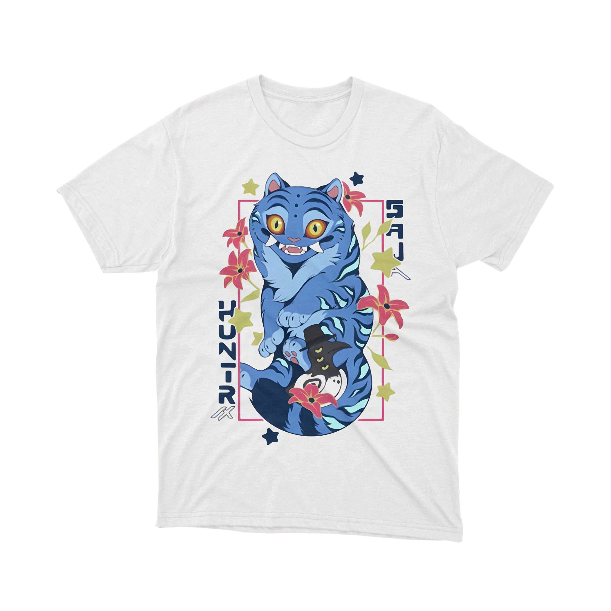 Huntrix Saja Cat Mascot Blue Anime Flower Graphic TShirt Cute Kpop Animal Tee
