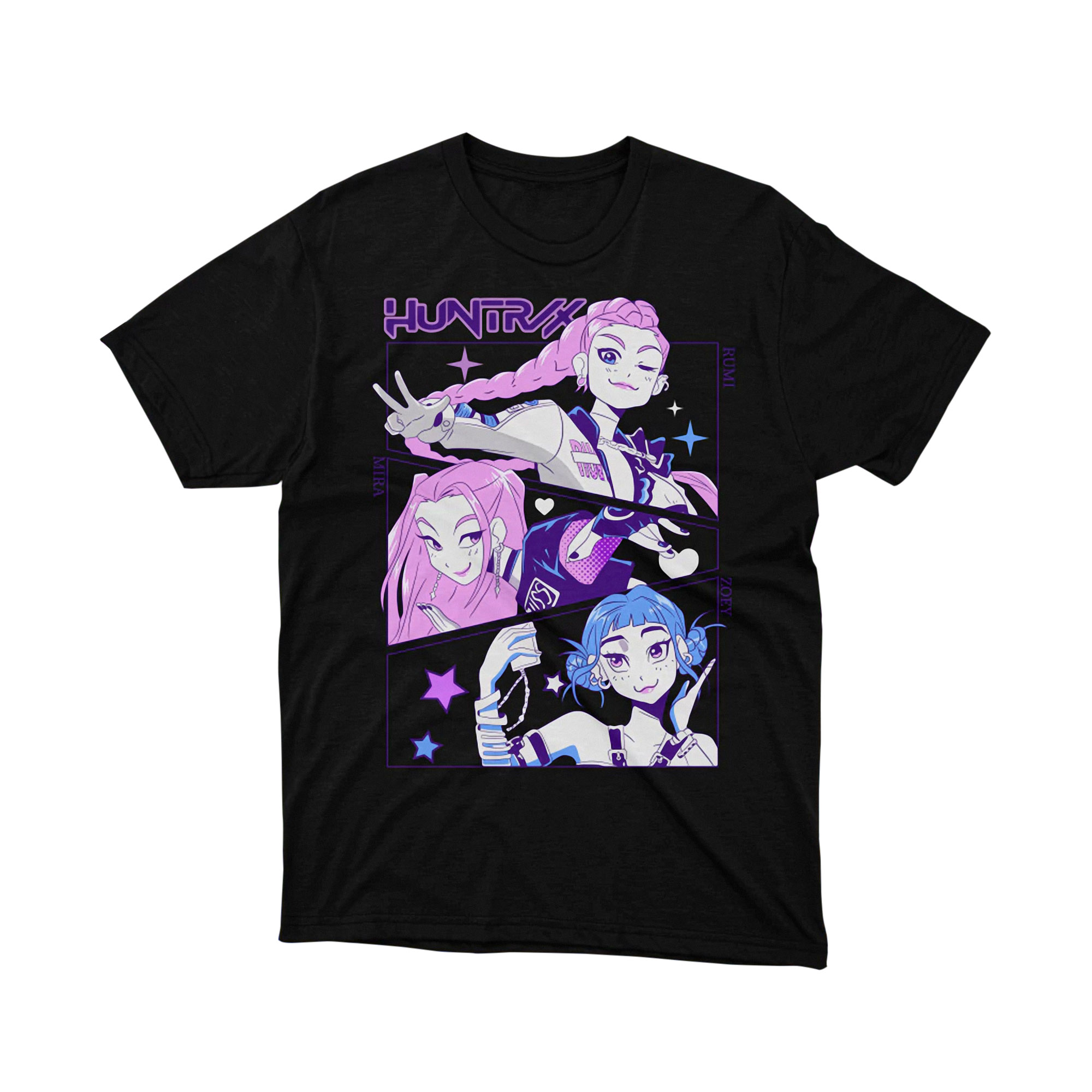 HUNTRX Mira Rumi Zoey Neon Pink Blue T Shirt Black