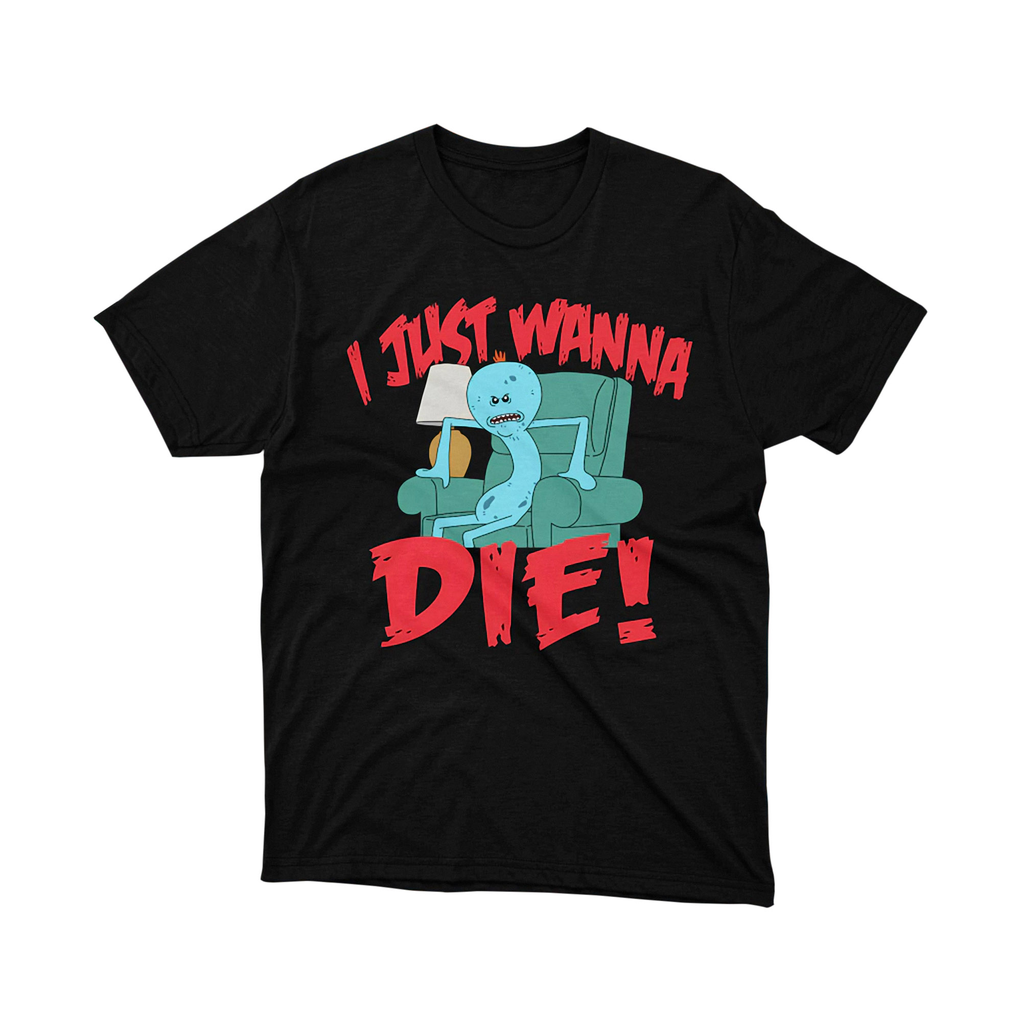 I Just Wanna Die Meme Rick and Morty Cartoon T Shirt Funny Depressed Blue Character Unisex
