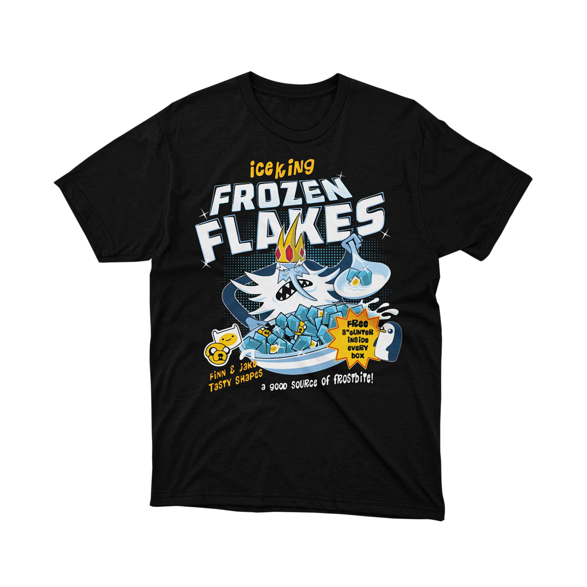 Ice King Frozen Flakes Cereal Adventure Time Cartoon Breakfast Art Tee Black Shirt