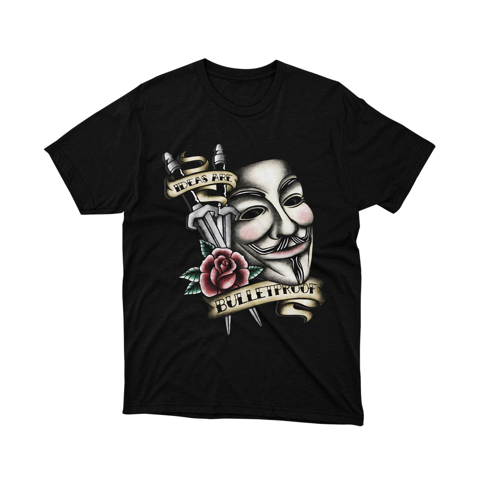 Ideas Are Bulletproof Tattoo Mask Roses V for Vendetta Parody T Shirt Classic Unisex