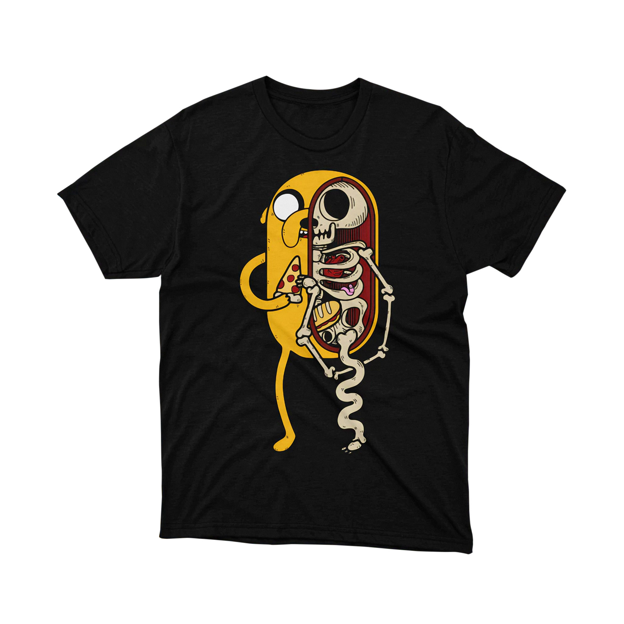 Jake Skeleton Pizza Anatomy Adventure Time Cartoon Art Graphic Tee Black Shirt