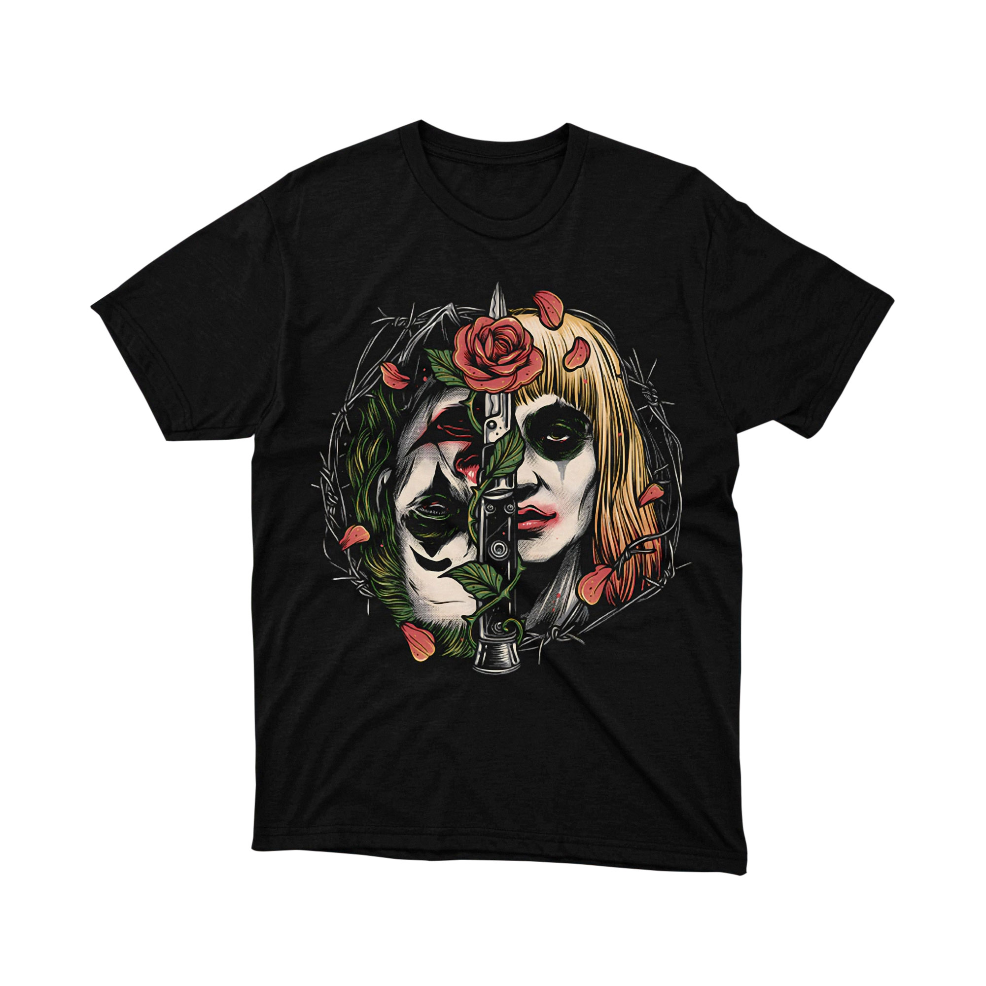 Joker And Harley Split Face Rose Gun Parody T Shirt Love Villain Art Unisex