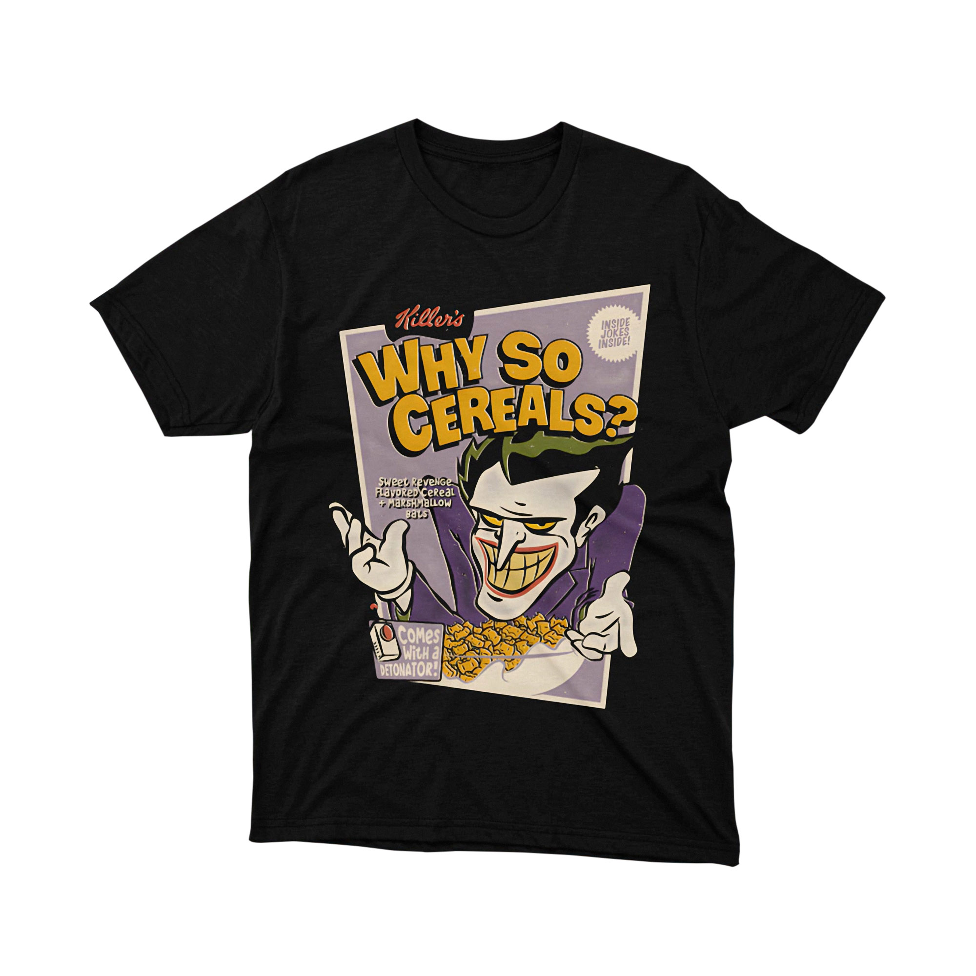 Joker Why So Cereals Parody T Shirt Comic Cereal Box Funny Villain Unisex