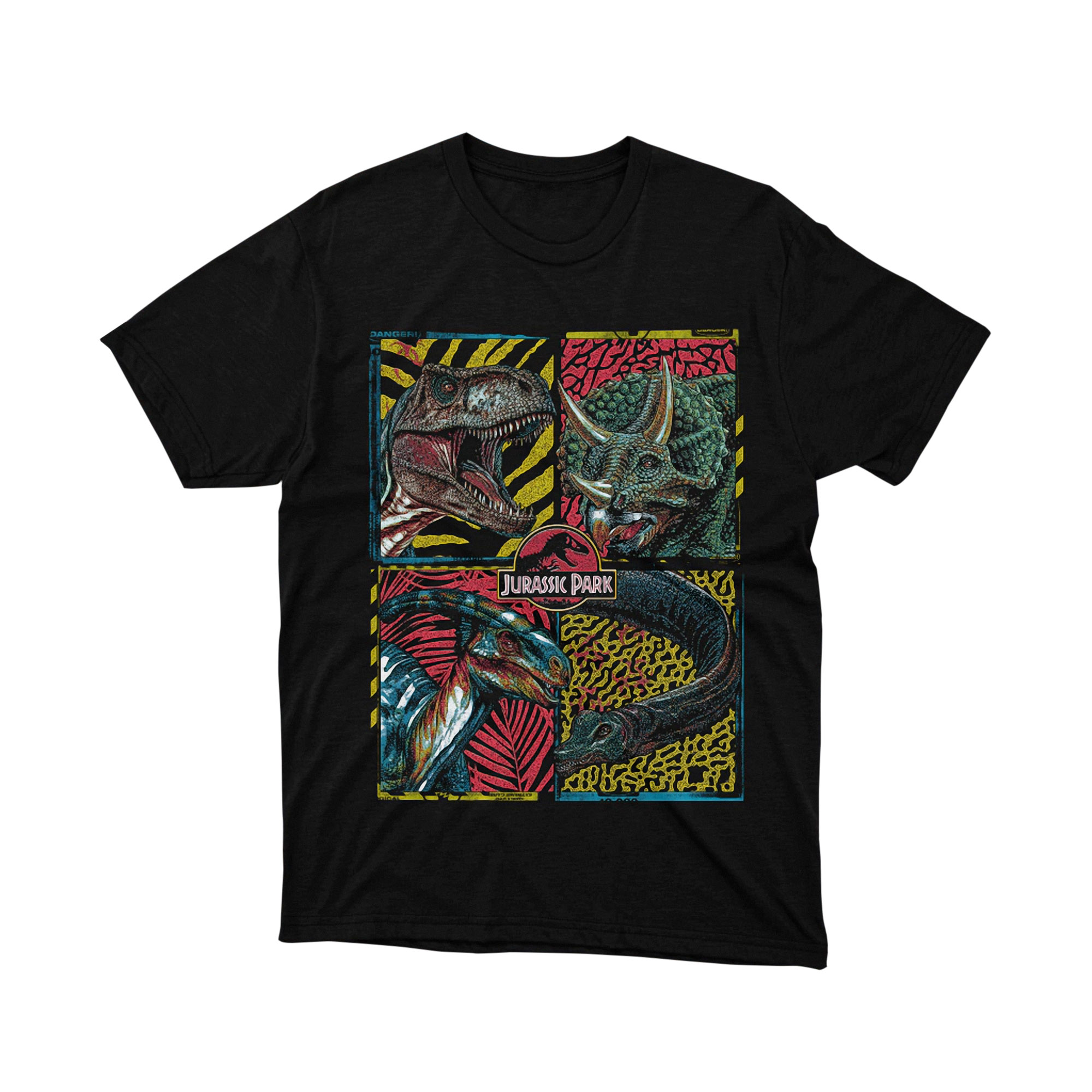 Jurassic Park Dinosaur Danger Pop Art Square Panel Graphic Tee Retro Unisex Shirt