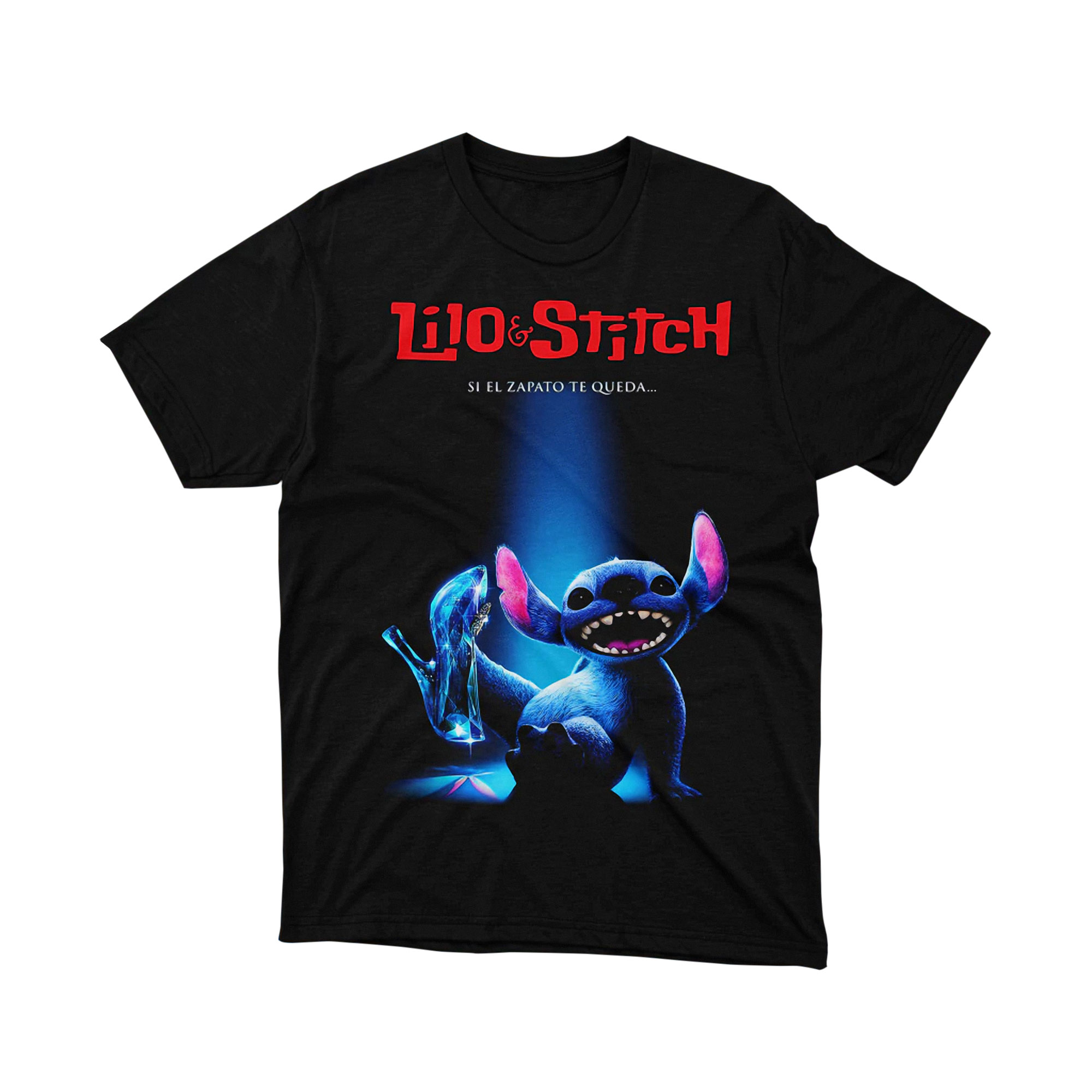 Lilo and Stitch Cinderella Shoe Spanish Poster Parody T Shirt Blue Alien Cute Unisex