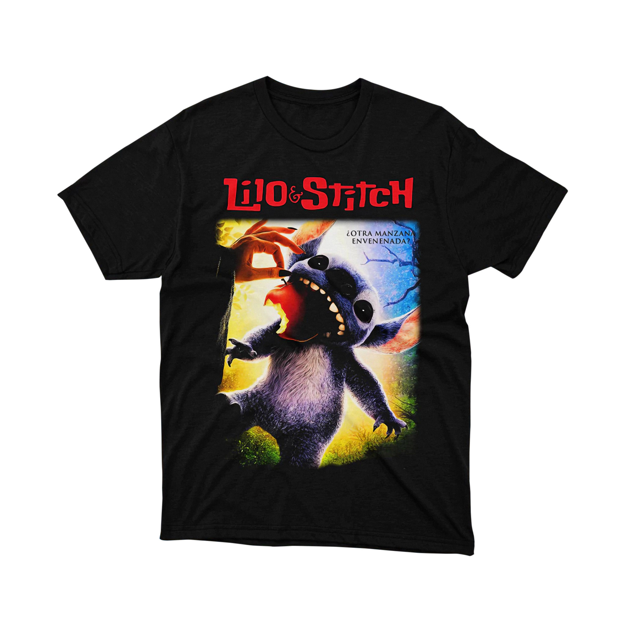 Lilo and Stitch Evil Apple Spanish Poster Parody T Shirt Cute Blue Alien Unisex