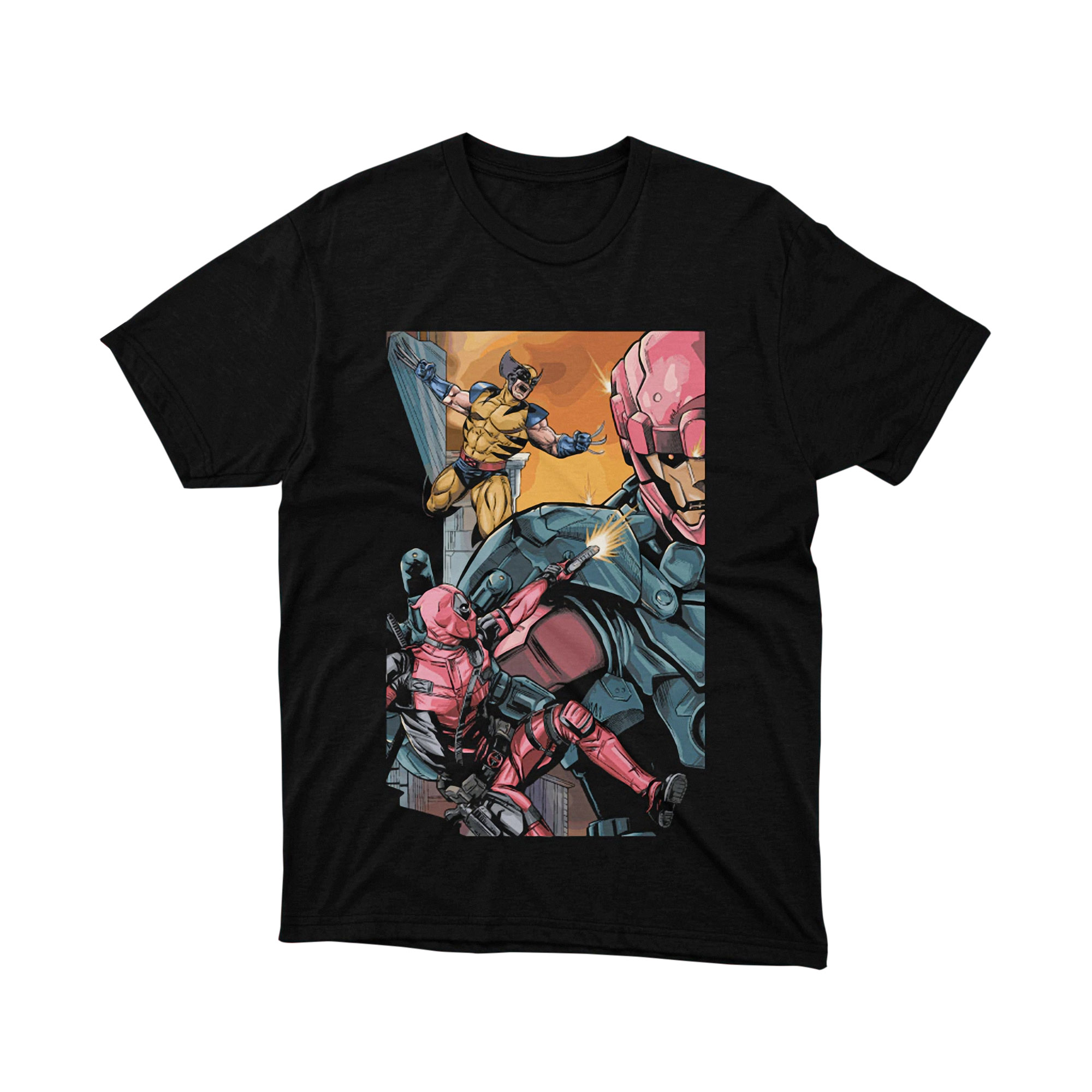 Marvel Deadpool Wolverine Fighting Sentinel T Shirt