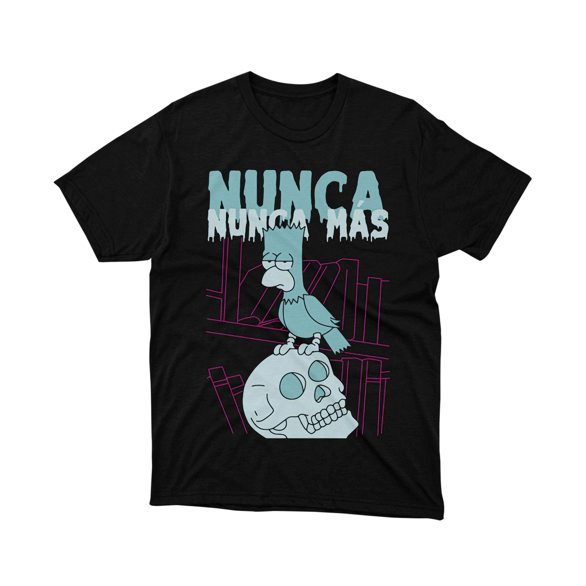 Nunca Mas Raven Skull Spanish Bart Parody T Shirt Dark Humor Tee