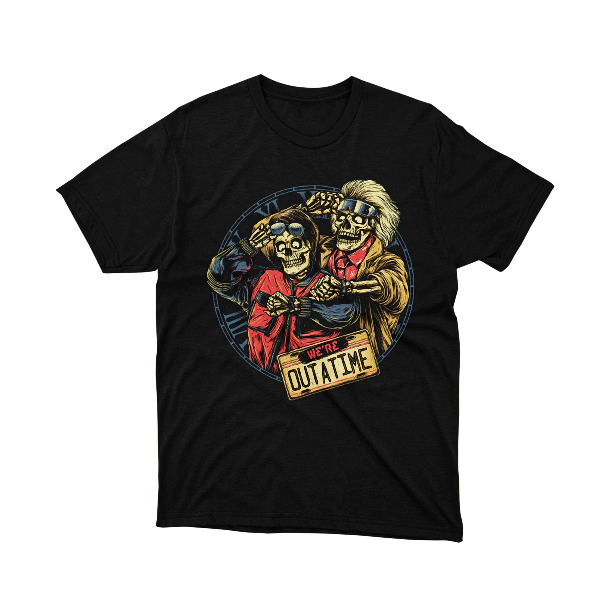 Outatime Skeleton Doc Marty Parody T Shirt Back to the Future Skull Art Unisex