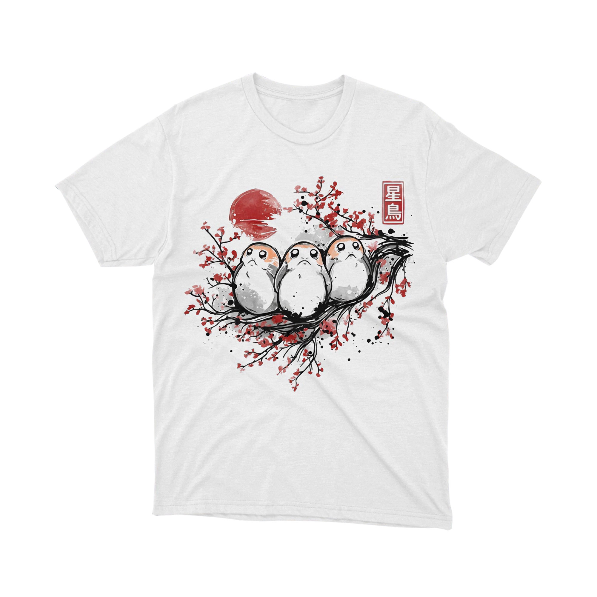 Porg Sakura Blossom Three Birds Star Wars Parody T Shirt Red Sun Japanese Art Unisex