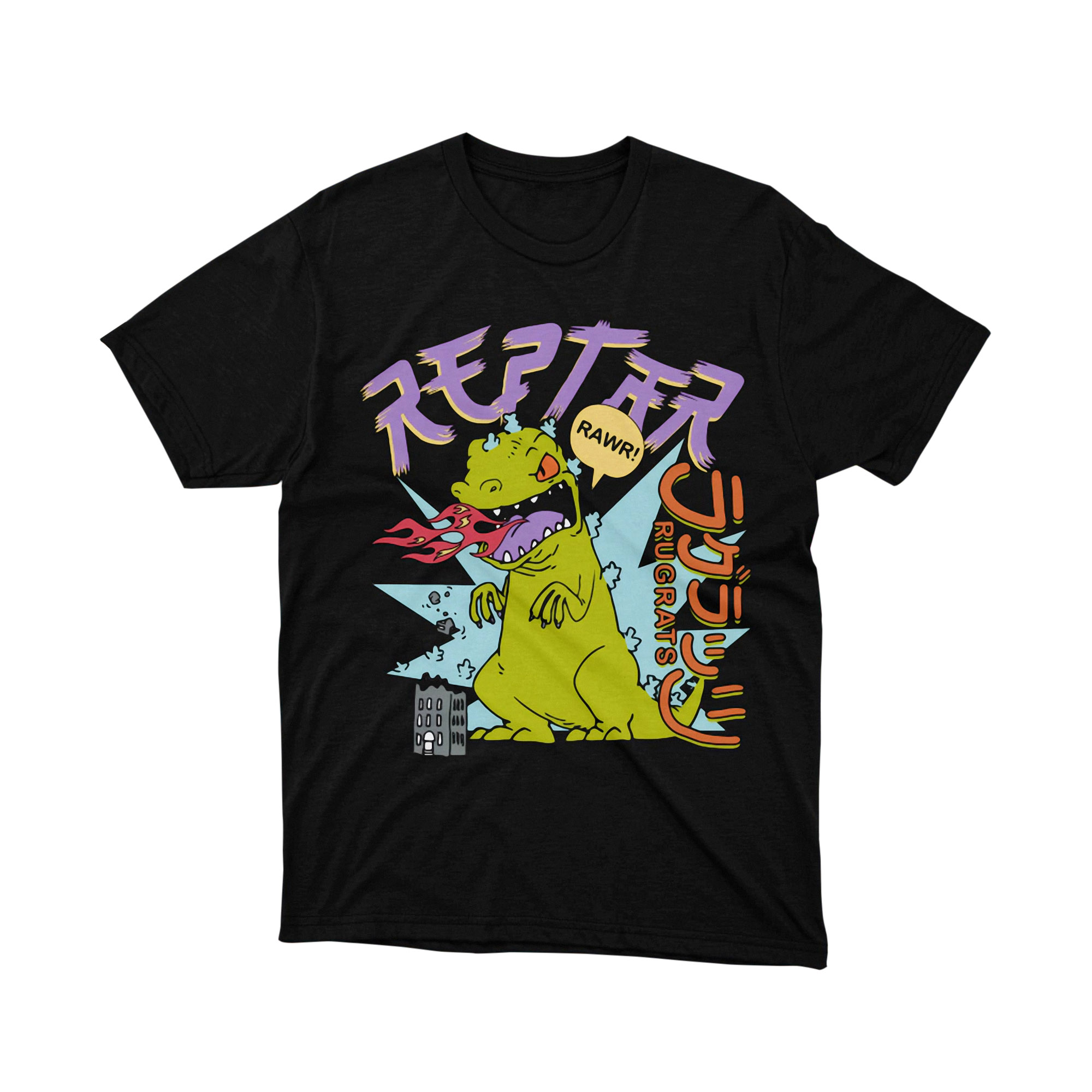 Rugrats Reptar Fire Breathing Japanese Text Tee Shirt