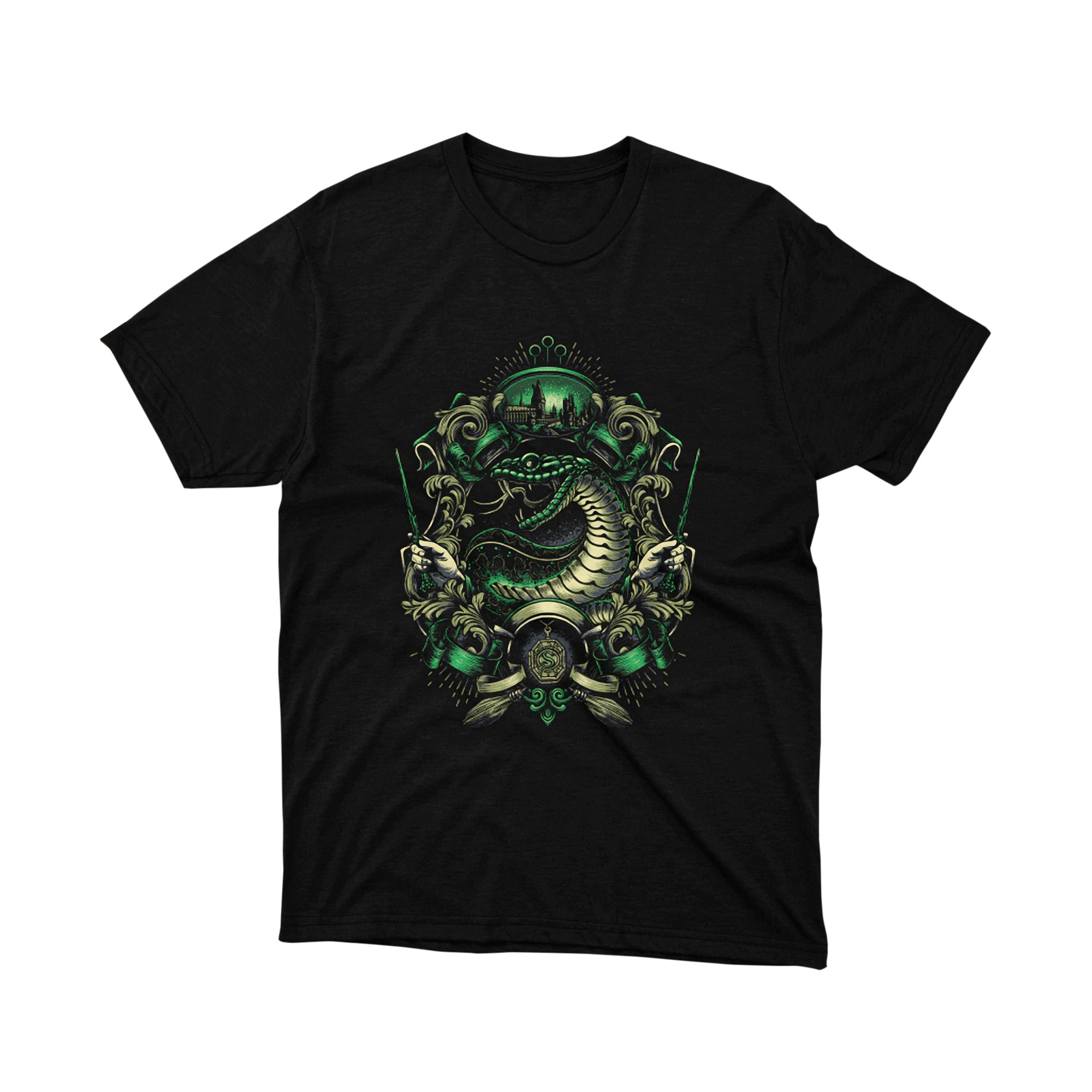 Slytherin Snake Crest Wizard School Green Graphic Tee Harry Fan Magic TShirt