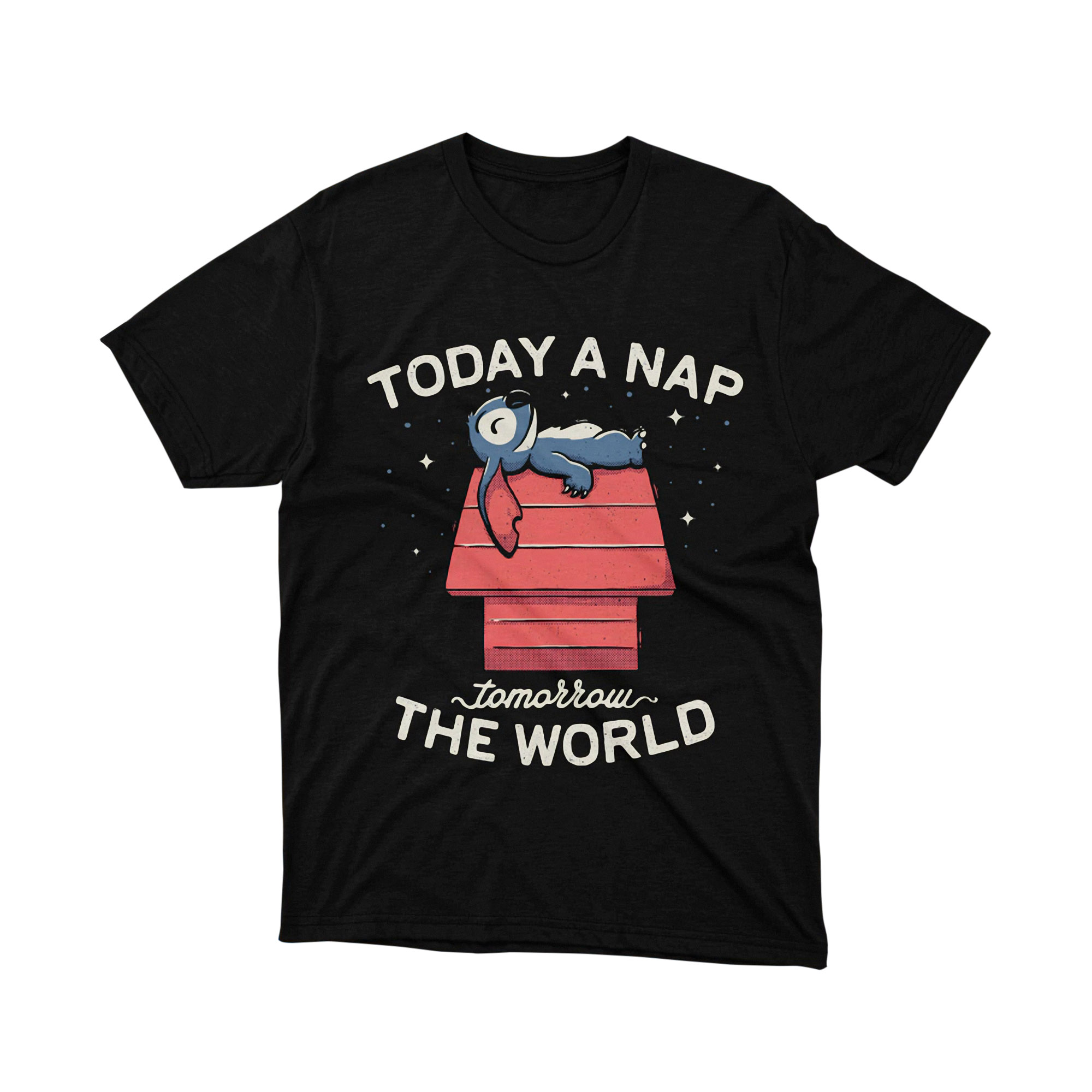 Stitch Today a Nap Tomorrow the World Peanuts Parody T Shirt Cute Blue Alien Unisex