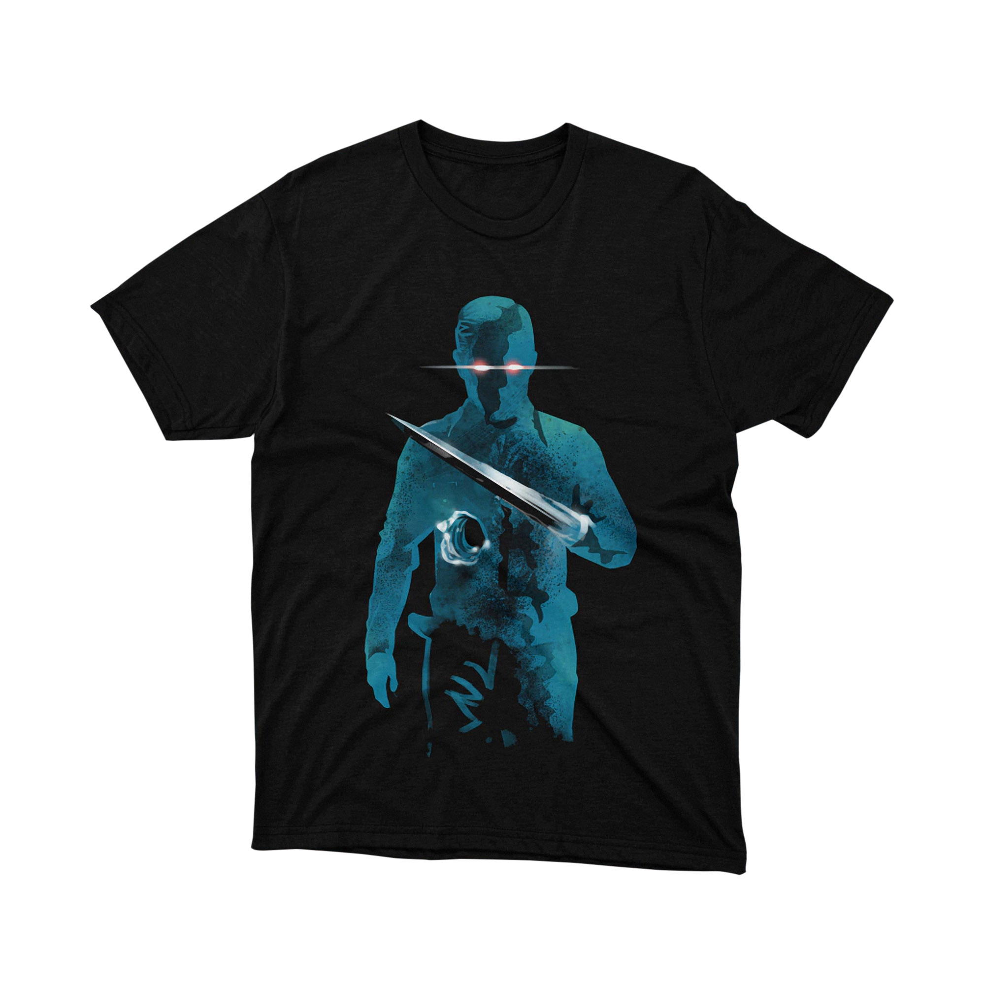 T1000 Liquid Metal Sword Terminator Parody T Shirt Blue Chrome Sci Fi Unisex