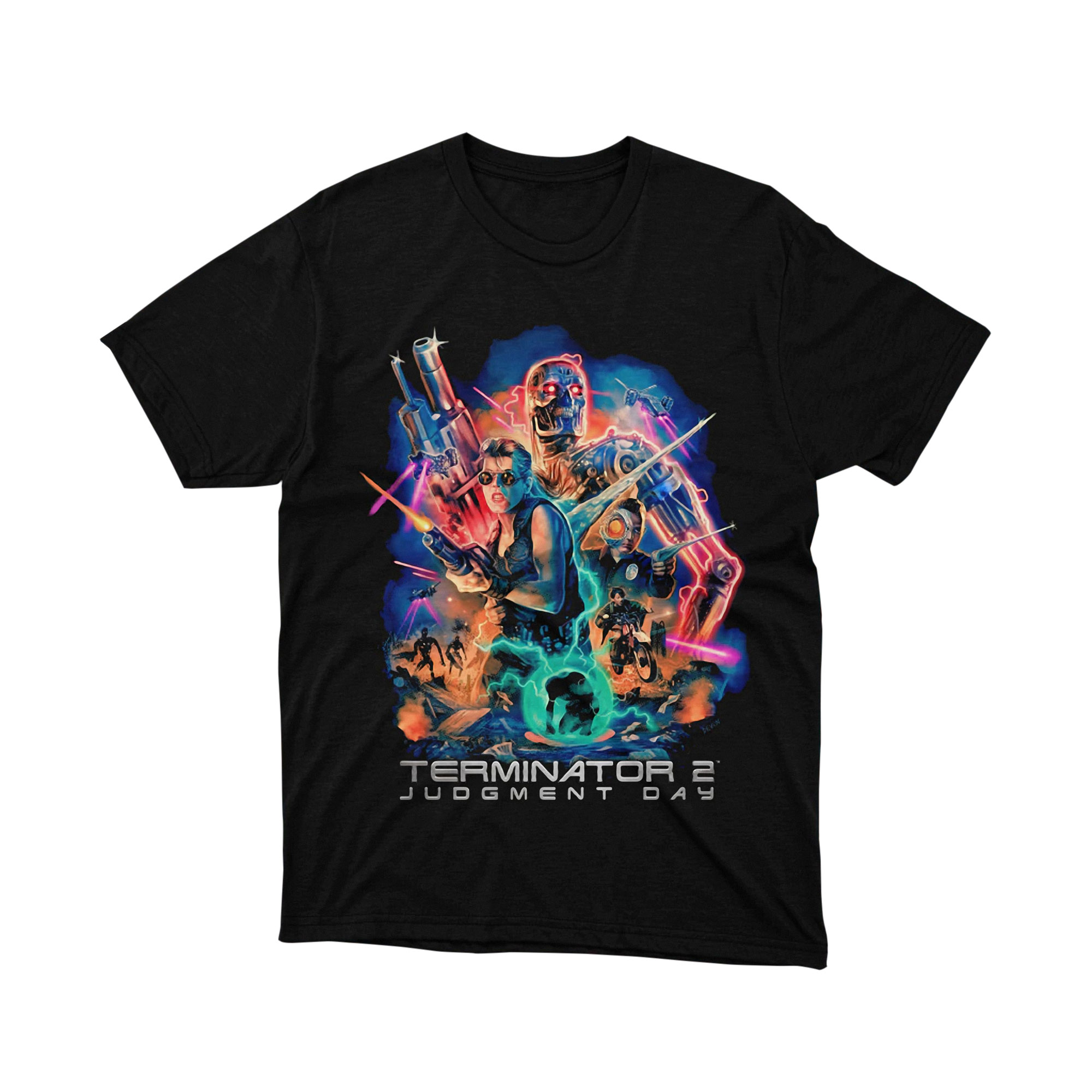 Terminator 2 Judgment Day Poster Parody T Shirt Neon Action Movie Art Unisex