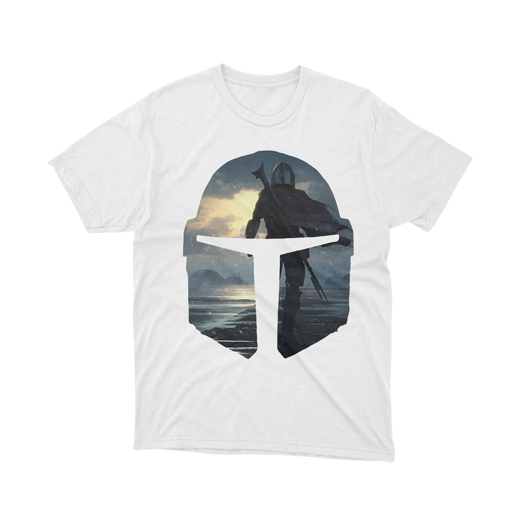 The Mandalorian Helmet Silhouette Landscape T Shirt White
