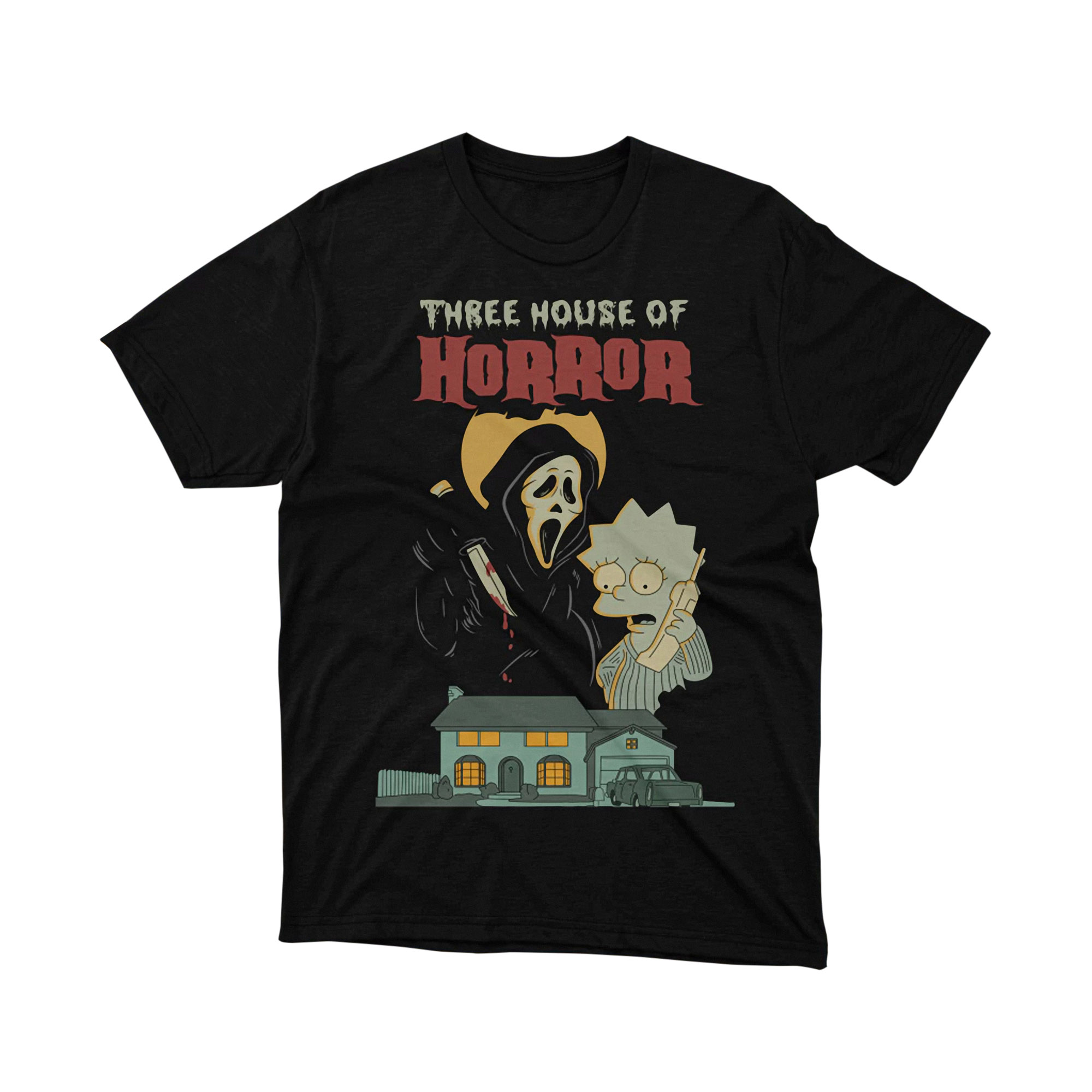 Three House of Horror Scream Mask Parody T Shirt Halloween Cartoon Tee