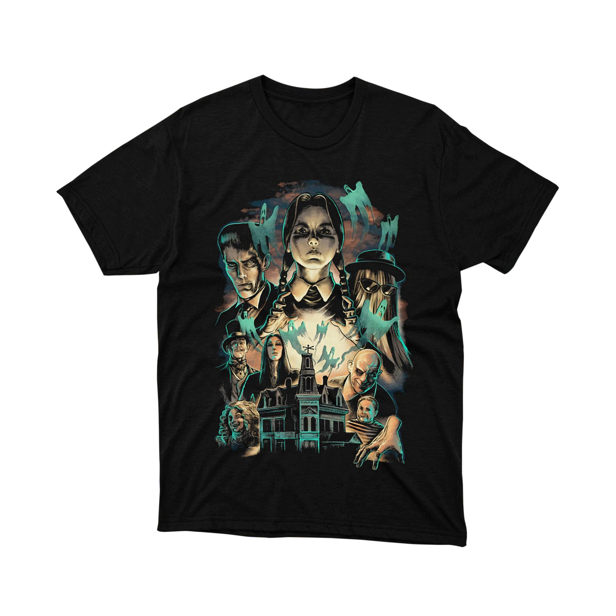 Wednesday Addams Family Character Gothic Mansion Retro Comic Group Art Tee Shirt