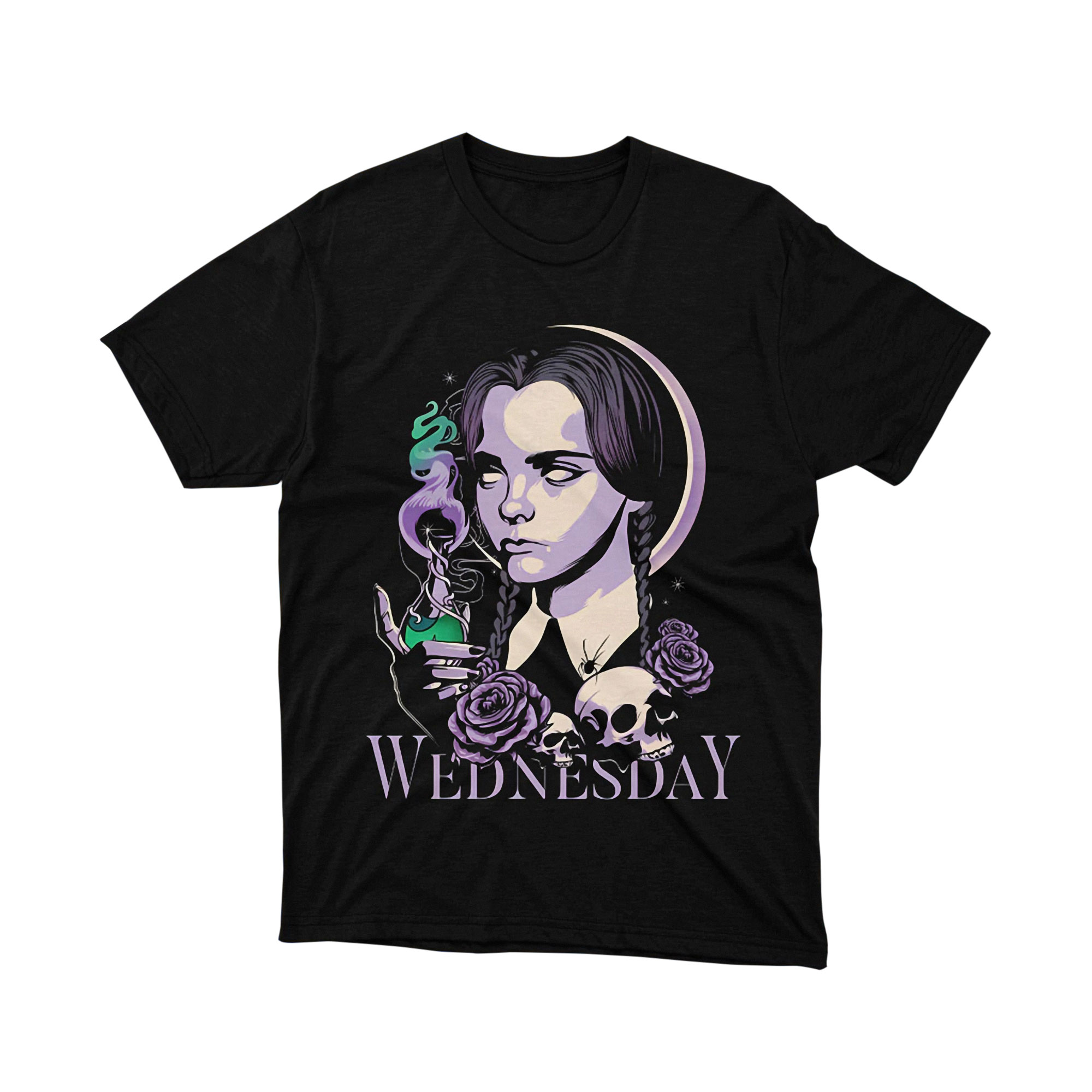 Wednesday Addams Purple Potion Retro Gothic Witch Moon Skull Roses Art Tee Shirt