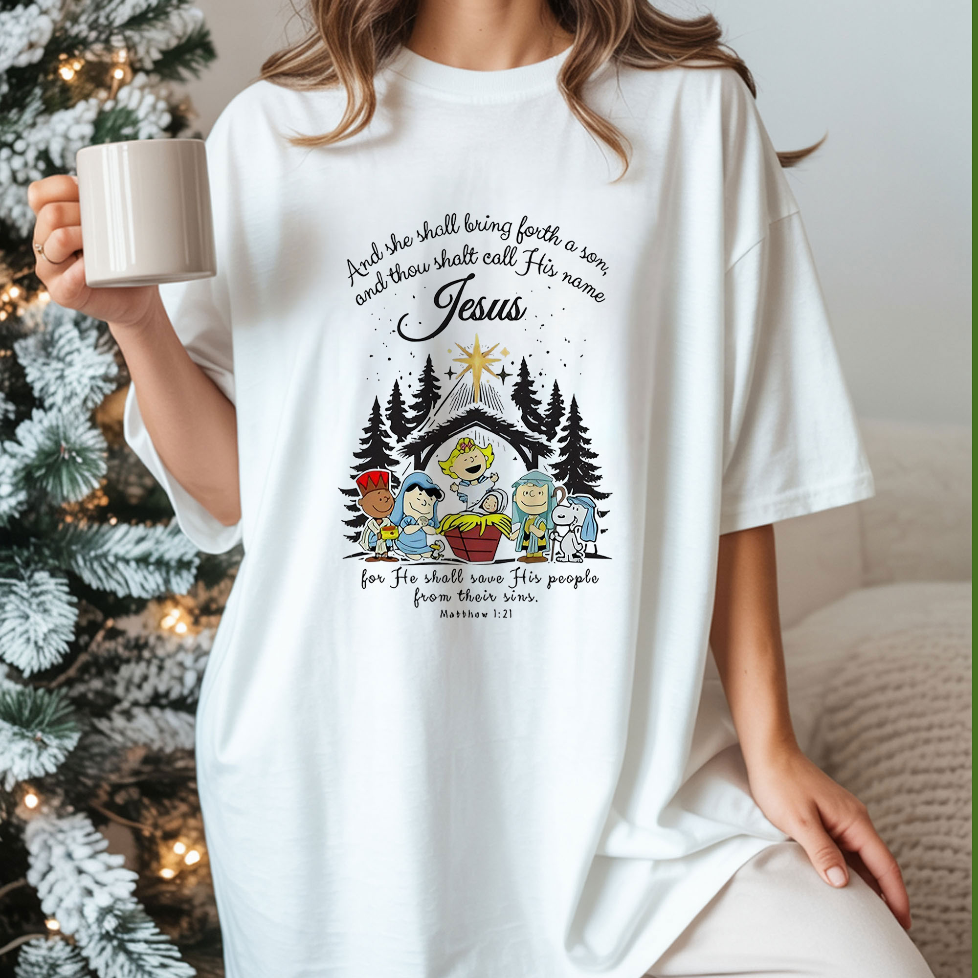Peanuts Snoopy and Friends And She Shall Bring Forth a Son Jesus Christian Nativity Bible Verse Vintage Bootleg Holiday Apparel – T-Shirt, Hoodie & Sweatshirt