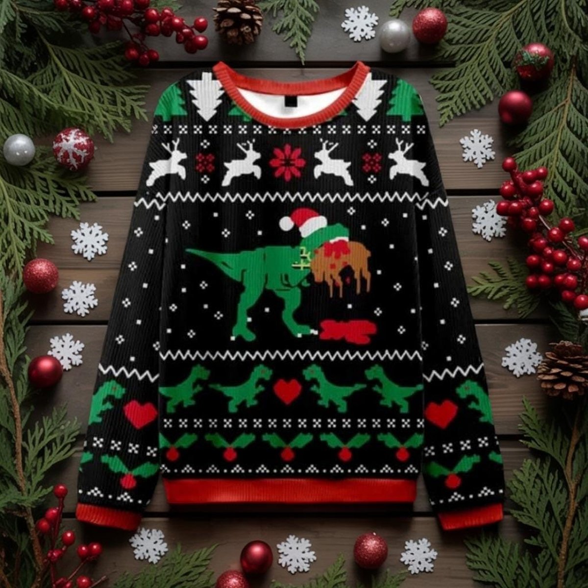 Funny T-Rex Dinosaur Ugly Christmas Sweater Eating Gingerbread Santa Hat Holiday Knit Pullover Xmas Jumper