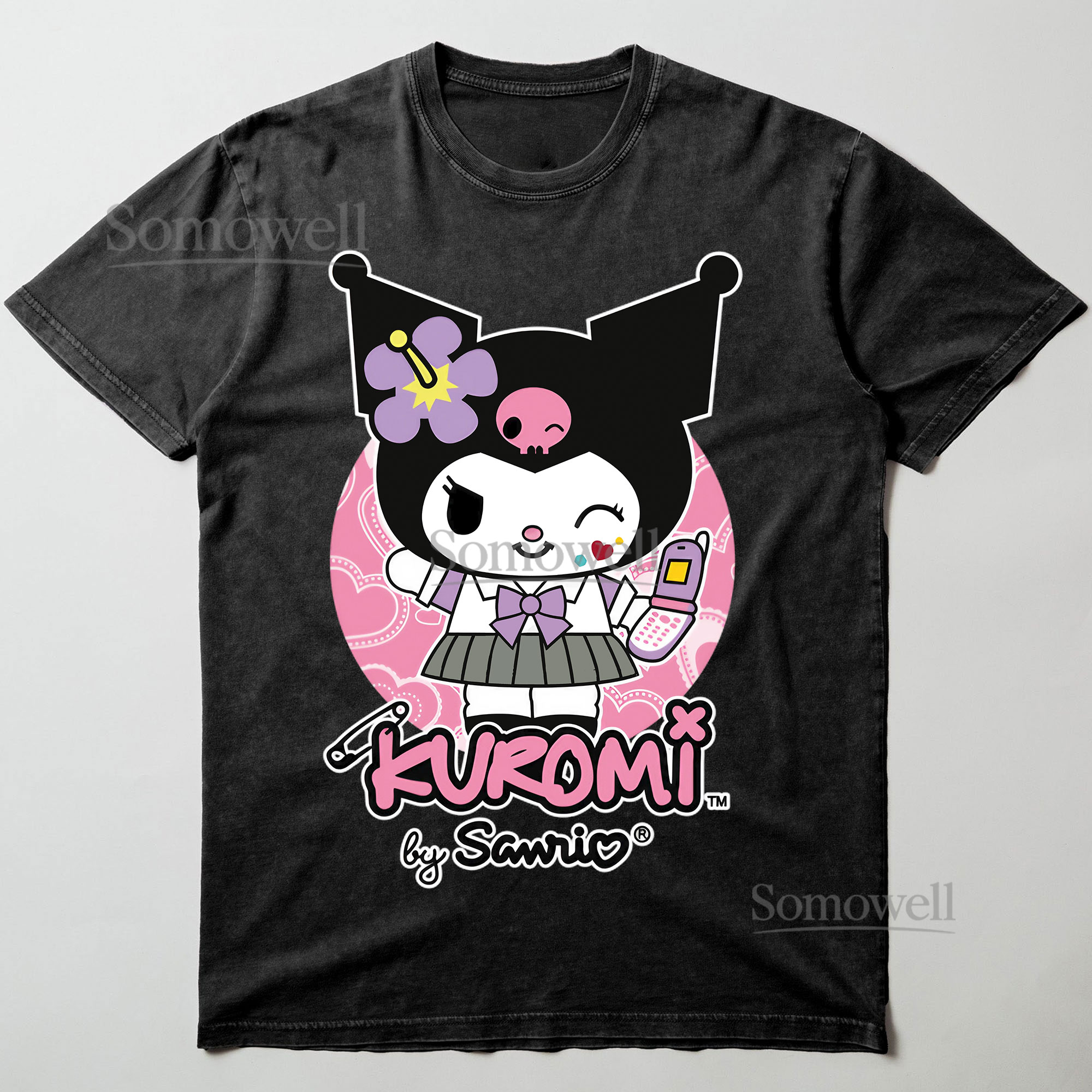 Kuromi Schoolgirl Phone Pink Sanrio Anime Graphic ,hoodie sweatshirt t shirt vintage Cute Japanese Kawaii T Shirt
