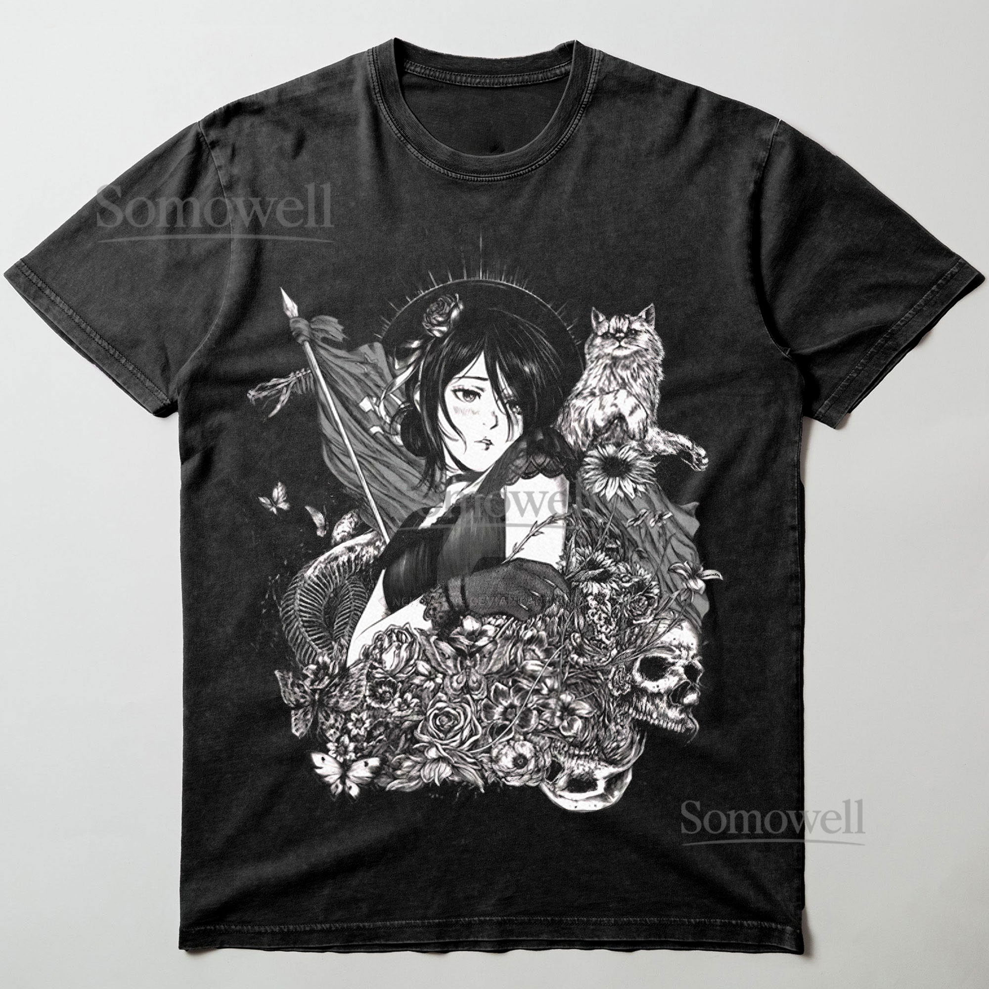 Anime Gothic Woman Cat Skull Flower Graphic ,hoodie sweatshirt t shirt vintage Dark Japanese T Shirt