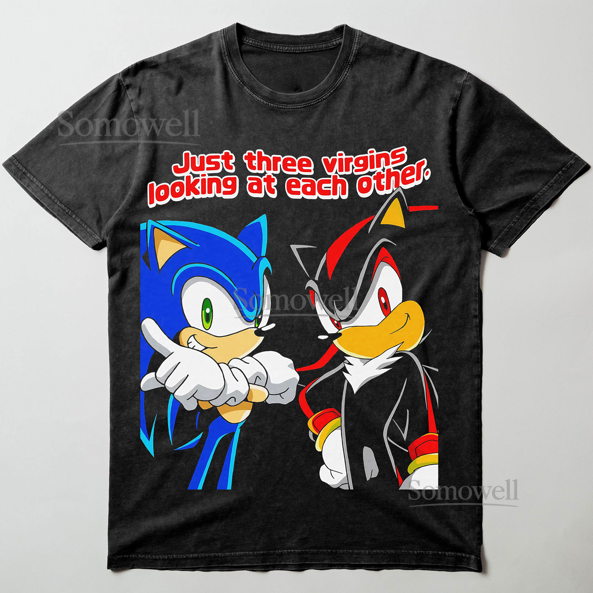 Sonic Shadow Three Virgins Meme Cartoon Graphic ,hoodie sweatshirt t shirt vintage Funny Vintage T Shirt