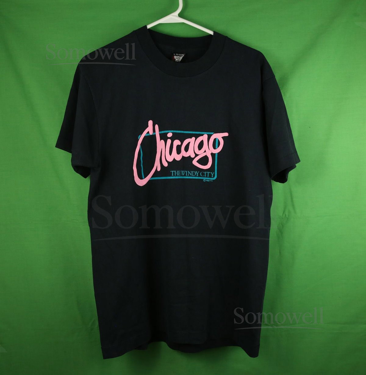 Vintage 80s Chicago Souvenir T Shirt Large Screen Stars Best Made in USA Black Illinois Single Stitch Neon The Windy City Bulls White Sox_417