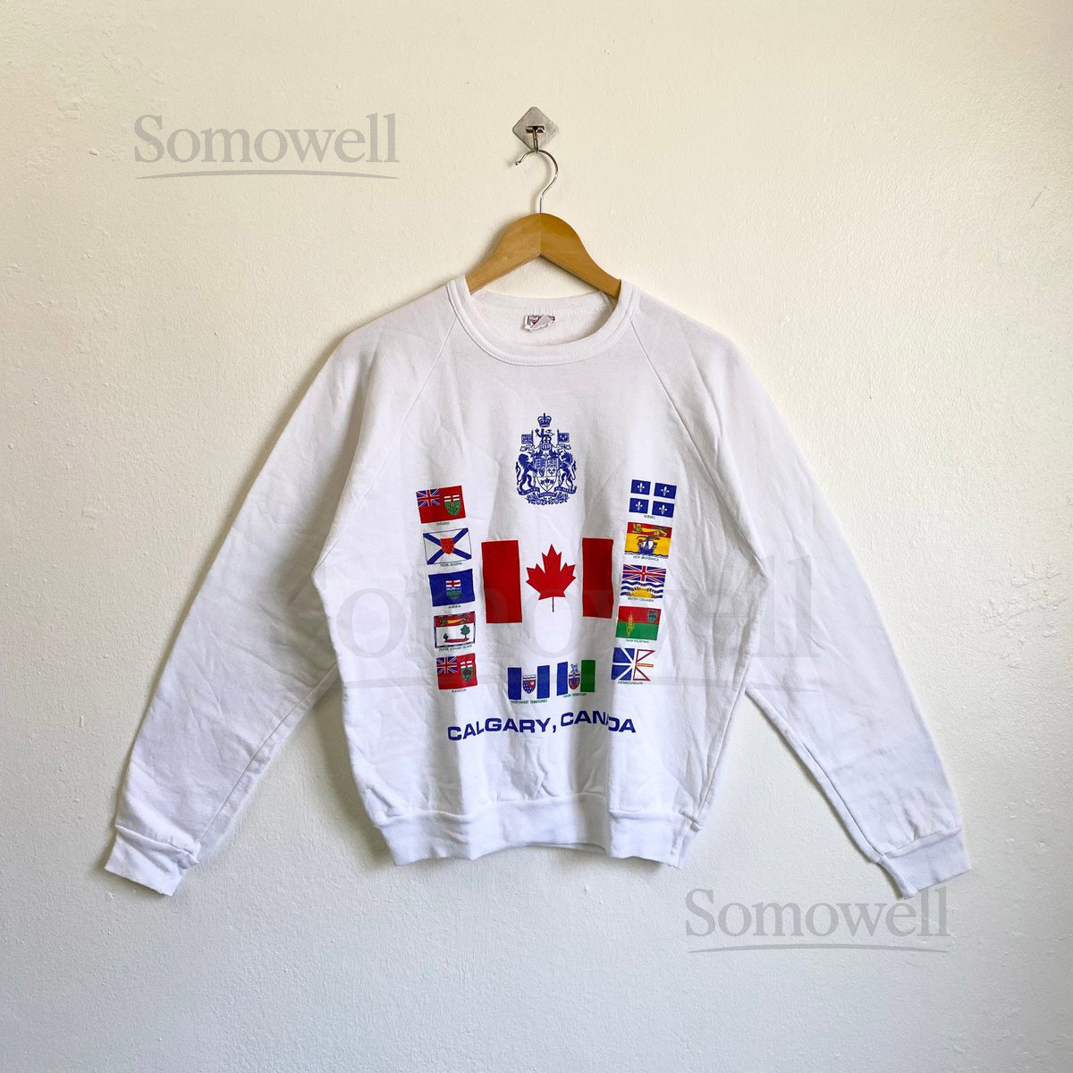 90s Calgary Canada Crewneck Sweatshirt Print Logo White Color Mens L_2