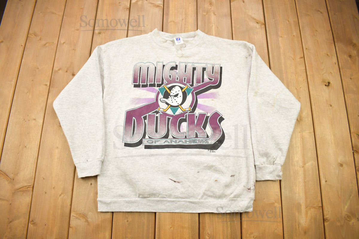 Vintage 1990s Mighty Ducks Of Anaheim NHL Logo 7 Crewneck Sweatshirt Distressed Sportswear Athleisure Americana Made In USA_670