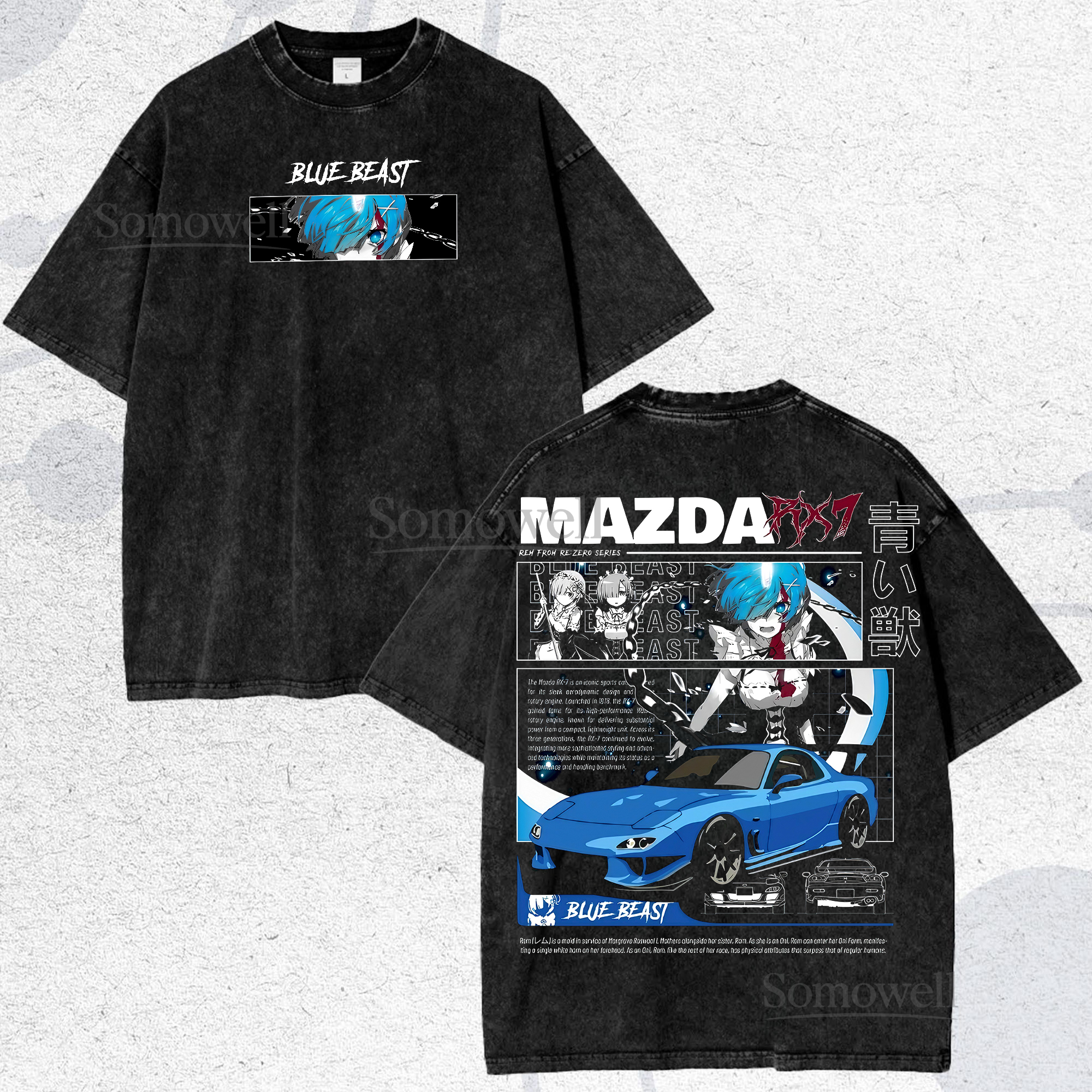 Re Zero Rem Blue Beast Mazda RX7 FD JDM TShirt Anime Manga Car ,hoodie sweatshirt vintage