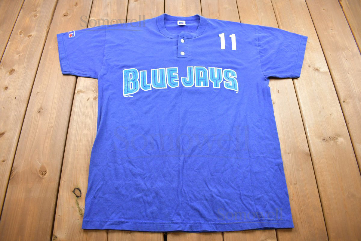 Vintage 2000 Russell Blue Jays Baseball Henley Shirt Vintage T Shirt Small Holes on Back Streetwear Rare Vintage American Baseball_1005
