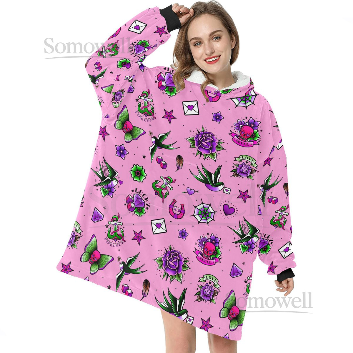Pink Retro Tattoo Theme Blanket Hooded Jumper Hoodie Winter Oversized Kids Adults_65