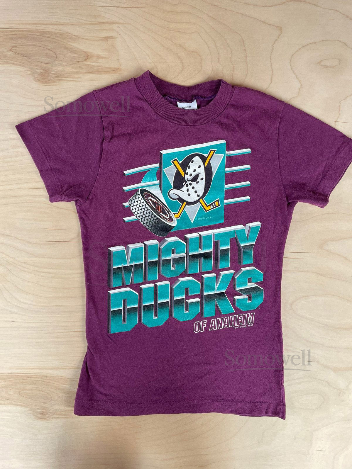 Mighty Ducks shirt vintage 1993 kids medium NHL Hockey mega print Anaheim USA made single stitch_298