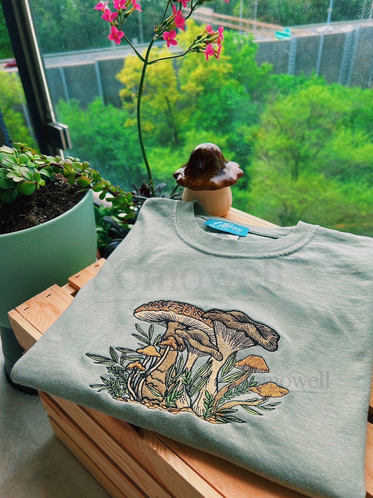 Khaki Fungi Foliage Tee Embroidered - Womens Unisex 100 cotton t-shirt - Gifts for - Cottagecore - Granola - comfort colors_136