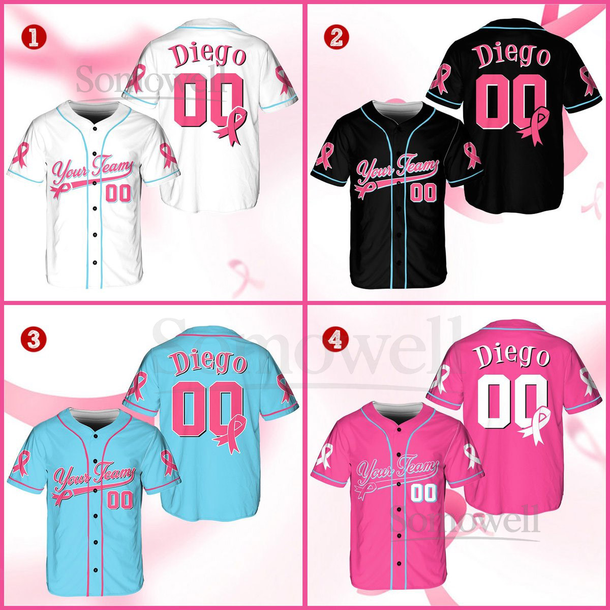 Personalized Breast Cancer Team Name And Number Baseball Jersey Custom Pink Ribbon Baseball Jersey Shirt Breast Cancer Warrior Jersey_041