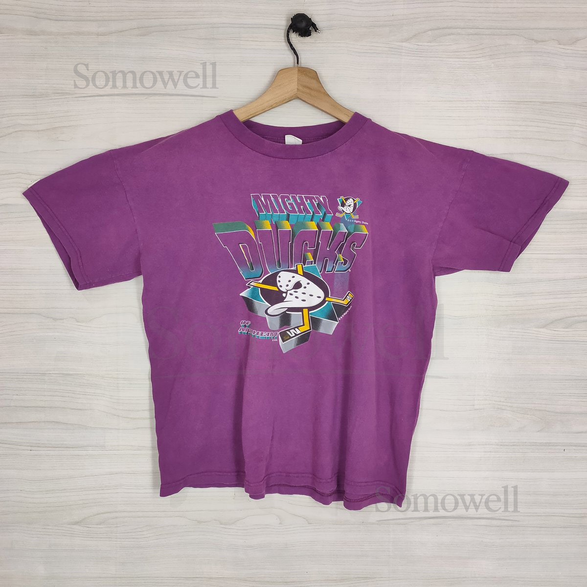 90s Anaheim Duck Short Length Tee Large Vintage NHL Hockey Tshirt Purple Womens Size L_5