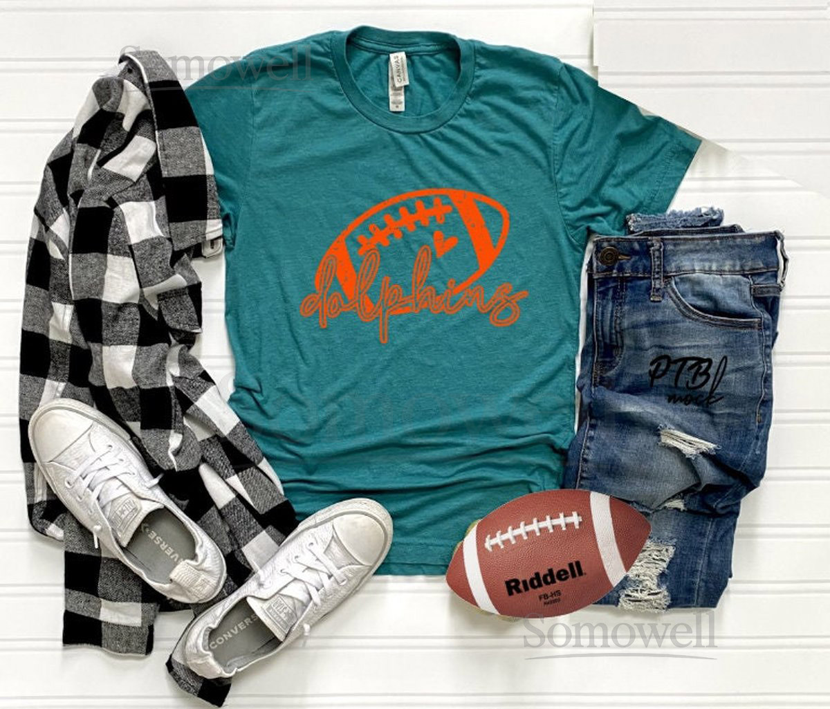 GRAPHIC TEE - Dolphins Tee Unisex Shirt Short Sleeve Graphic Tee Unisex Tees Football Mom Orange and Teal Cheer Cheer Mom_333
