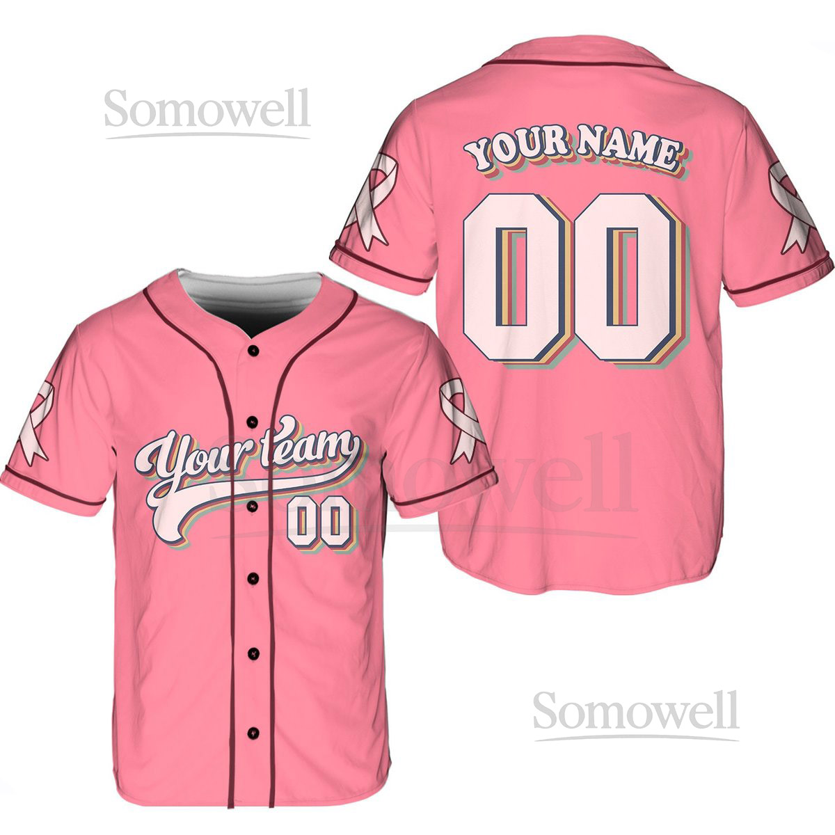 Personalized Breast Cancer Team Name And Number Baseball Jersey Custom Pink Ribbon Baseball Jersey Shirt Breast Cancer Warrior Jersey_043