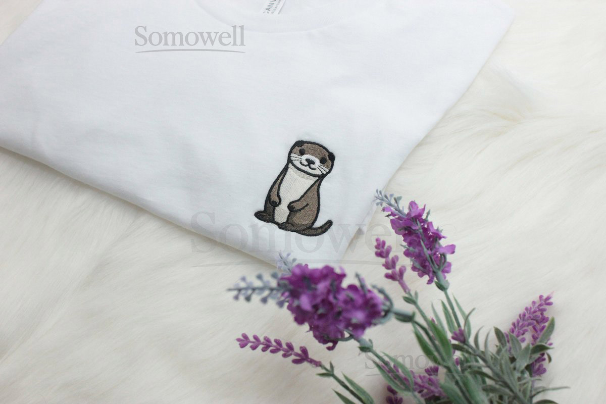Otter Embroidered T-Shirt Embroidered Crewneck Unisex Shirt Short Sleeve Shirt - Multiple Colors_152