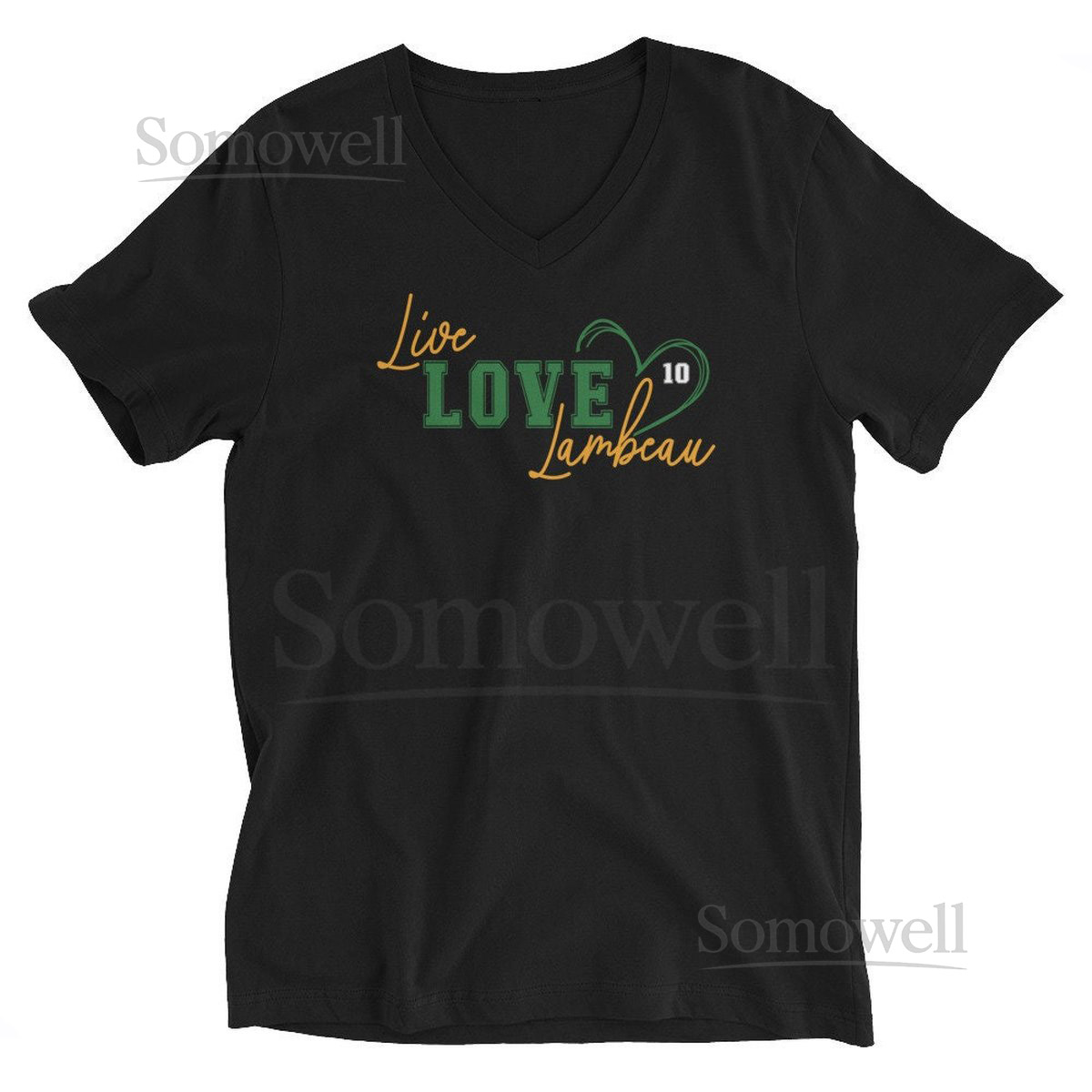 Live Love Lambeau Number 10 Heart Script Gold Unisex Short Sleeve V-Neck T-Shirt Jordan Love Green Bay Packers Go Pack Go_576