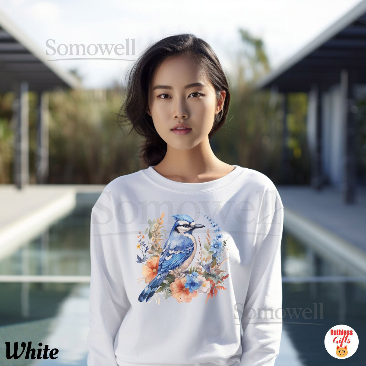 Girls Blue Jay Sweatshirt Cute Bluejay Sweater Pressed Flowers Top Vintage Floral Forrest Pullover Forrestcore Shirt Cottagecore Top_426