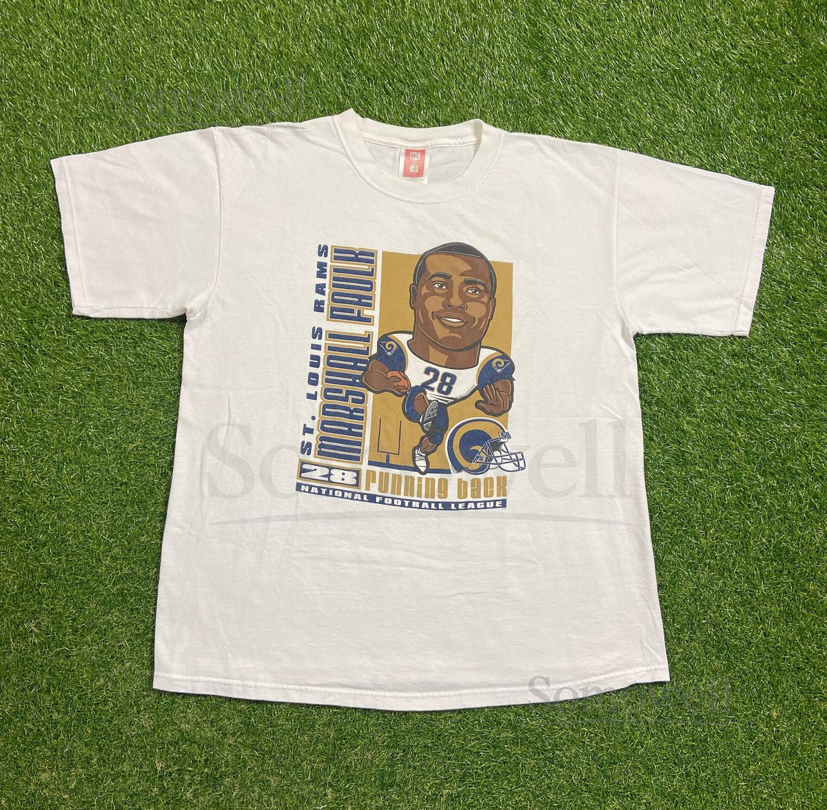 Vintage St Louis Rams Marshall Faulk 28 T Shirt Tee Size Xtra Large XL NFL Super Bowl Football Missouri Los Angeles 00s_832