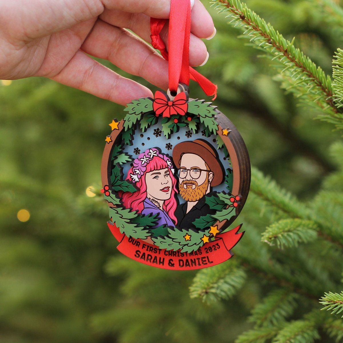 Custom Family Photo Christmas Ornament Hand-Painted Wooden Bauble