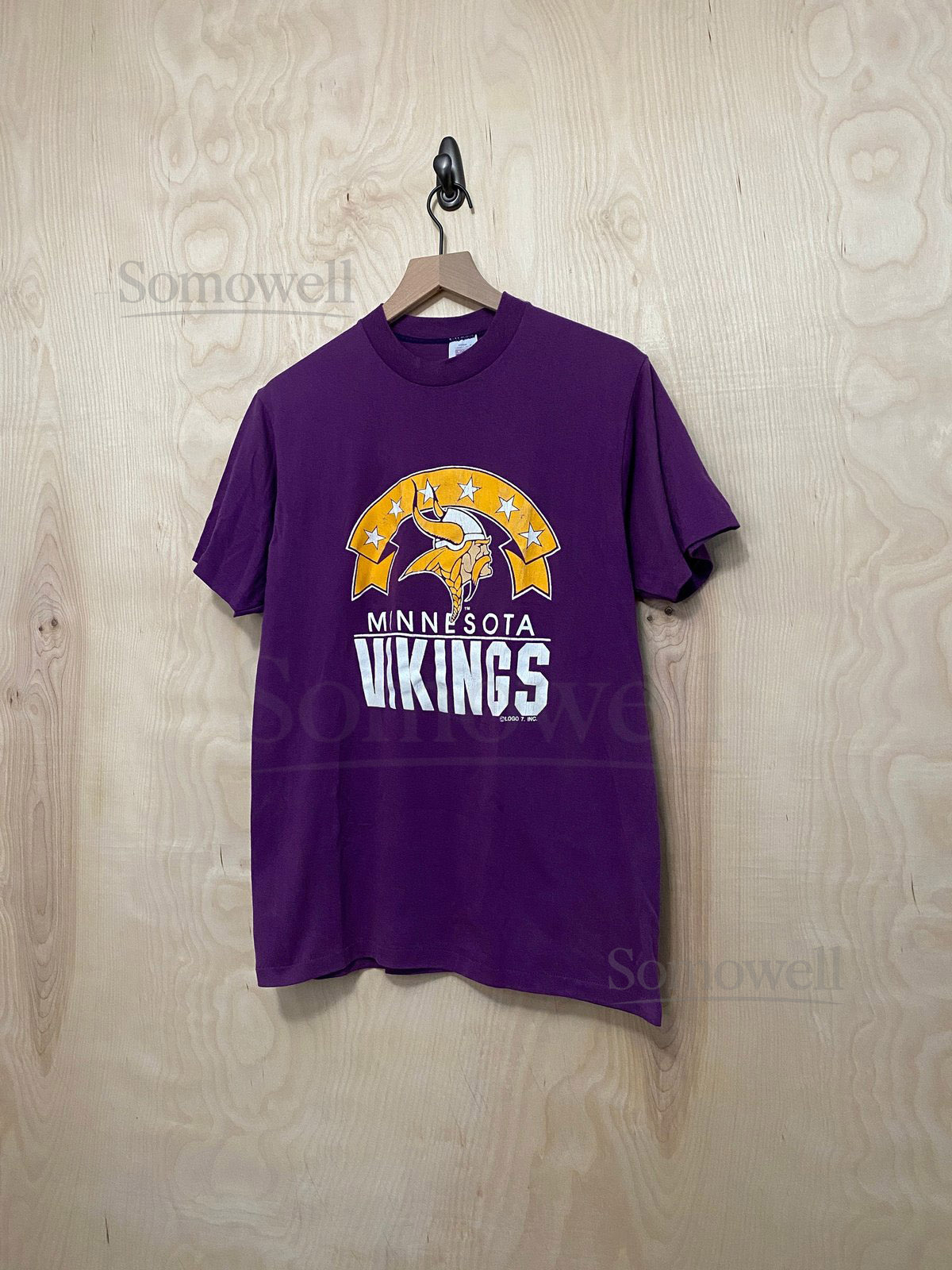Vintage 80s Minnesota Vikings Logo7 Banner Logo Purple T Shirt size Large_783