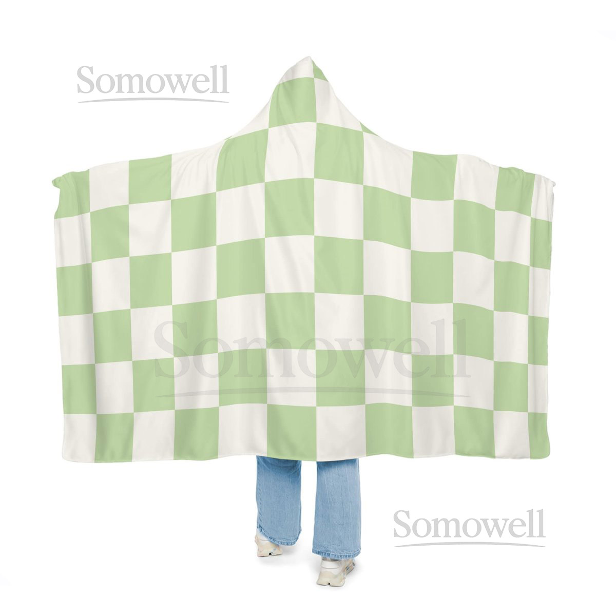 Green Checkered Hooded Blanket Oversized Blanket Hoodie Sherpa Fleece Adult Cape Wearable Snuggle Throw Gift for her Christmas_46