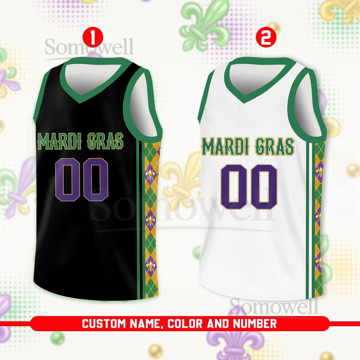 Custom Mardi Gras Basketball Jersey Team Name Number Basketball Jersey Team Basketball Jersey for Mardi Gras Parade New Orleans_187